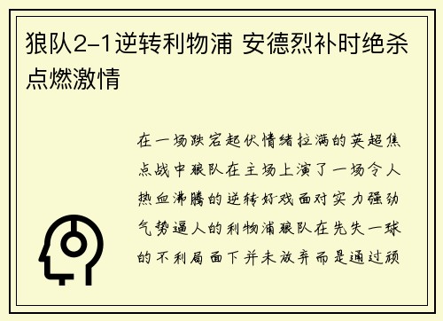 狼队2-1逆转利物浦 安德烈补时绝杀点燃激情 狼队2-1逆转利物浦 安德烈补时绝杀点燃激情