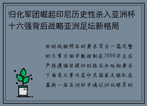 归化军团崛起印尼历史性杀入亚洲杯十六强背后战略亚洲足坛新格局